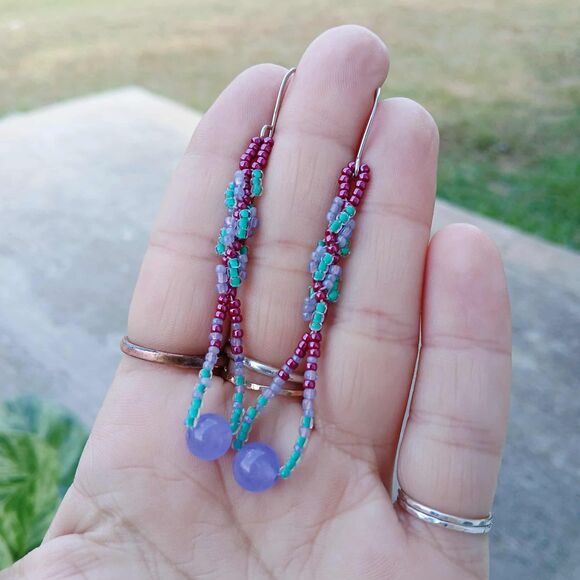 Dyed Jade Gemstone Spiral Beaded Dangle Earrings, Boho Chic Artisan Statement 3" - Picture 2 of 8